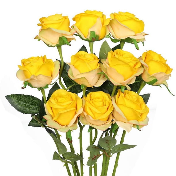 Nvzi Rosas artificiales realistas falsas con tallos para decoración de ramo de novia, 10 unidades (amarillo degradado)