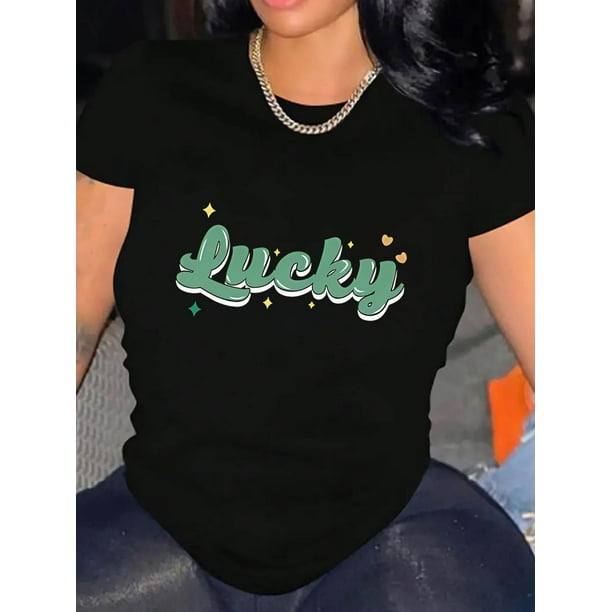 Camiseta básica de verano para mujerWomen's "Lucky" Graphic Tee - Casual Round Neck Short Sleeve, Comfortable Polyester Blend Summer Top with Colorful Letter Design and Star AccentsFather's Day, Mot