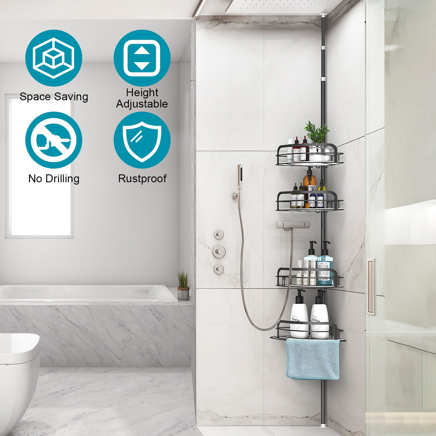 Corner Shower Caddy Tension Pole, Rust-Free Bathroom Shower Organizer Corner for Bathtub Shampoo Storage, 4-Tier Adjustable Shelf, Drill Free, Quick Setup, Black