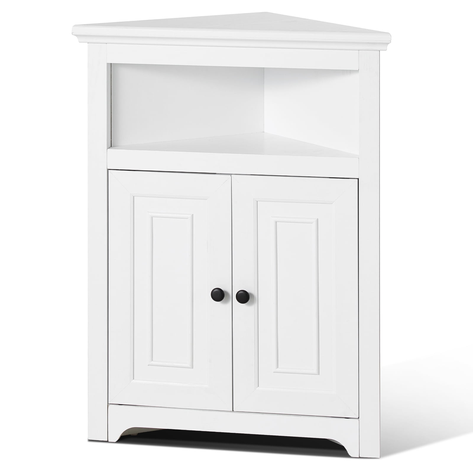 KFFKFF 32" Corner Utility Cabinet, Tri-Level Compact Storage Unit with Dual Wooden Doors & Flexible Shelving, Independent Corner Cabinet for Lounge, Kitchen, Laundry Area, Restroom, in White