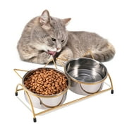 sixwipe Raised Cat Food Bowls, 13 oz Elevated Cat Double Bowl, 15Tilted Stainless Steel Cat Water Bowls Non-Slip Pet Feeder with Gold Stand for Indoor Cats Puppy and Small Dogs