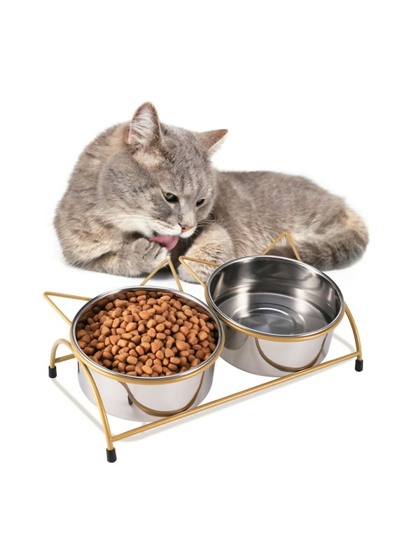 sixwipe Raised Cat Food Bowls, 13 oz Elevated Cat Double Bowl, 15Tilted Stainless Steel Cat Water Bowls Non-Slip Pet Feeder with Gold Stand for Indoor Cats Puppy and Small Dogs