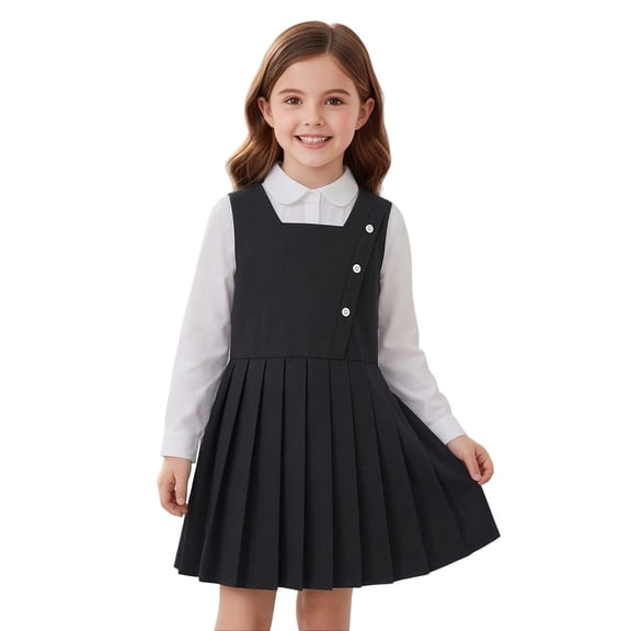Girls Outfits Back To School Lapel Long Sleeve Button Solid Print Shirt And Pinafore Dress 2 Piece Girls School Uniform Size 5-6 Years