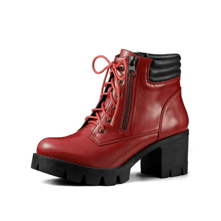 Women's Chunky Heel Lace Up Zipper Combat Boots Red (Size 6)