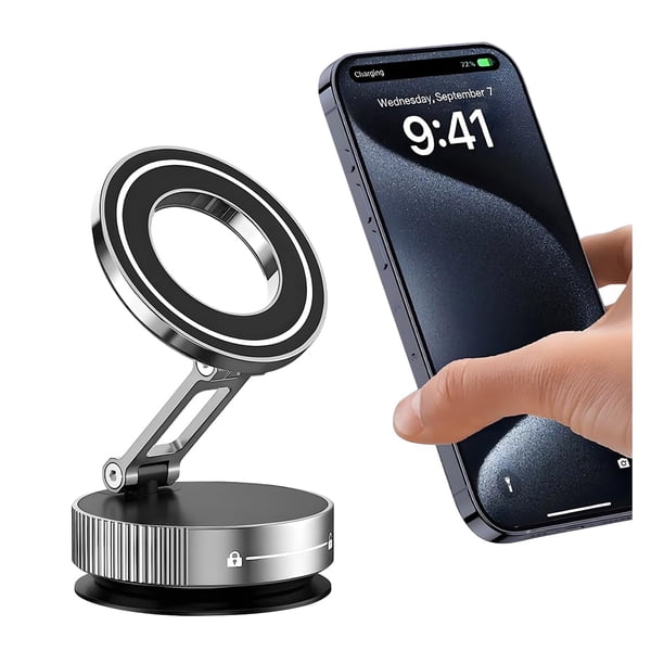Soporte magnético para teléfono HZEL para aspiradora de coche, plegable 360°, plateado