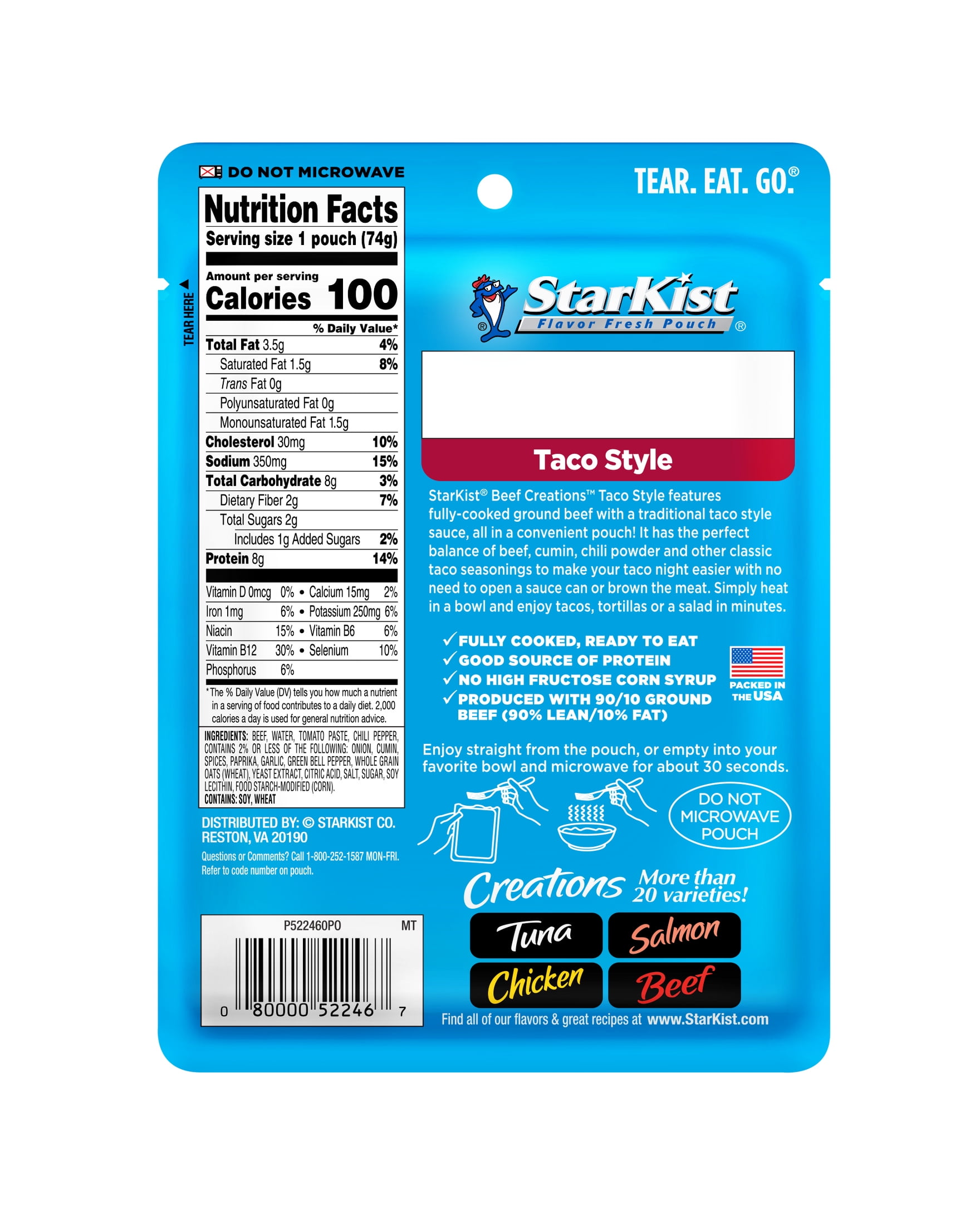 (6 pack) StarKist Beef Creations Taco Style Seasoned Beef in Sauce, 2.6 oz Pouch