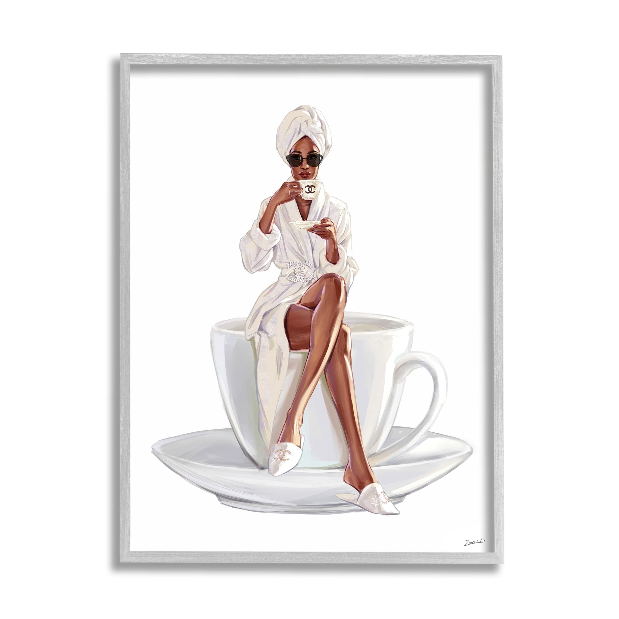 Stupell Industries Chic Coffee Teacup Woman Sipping Robe Sunglasses Framed Wall Art, 11 x 14, Design by Ziwei Li