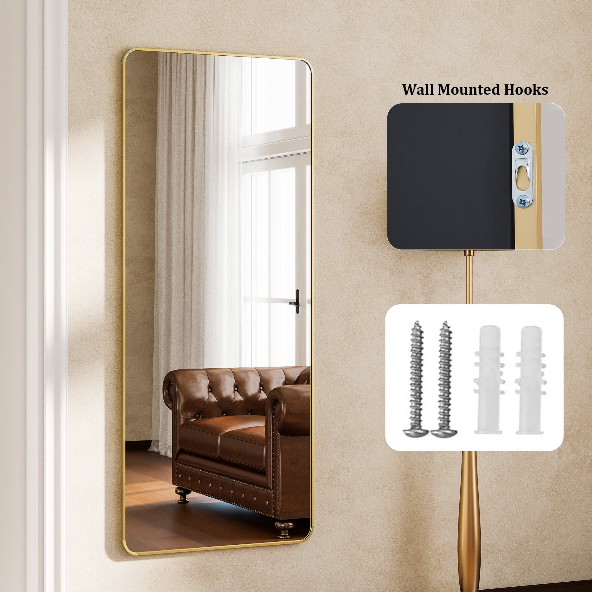 Puremirror 65"x24" Rounded Corner Floor Mirror Full Length Mirror with Metal Frame, Gold