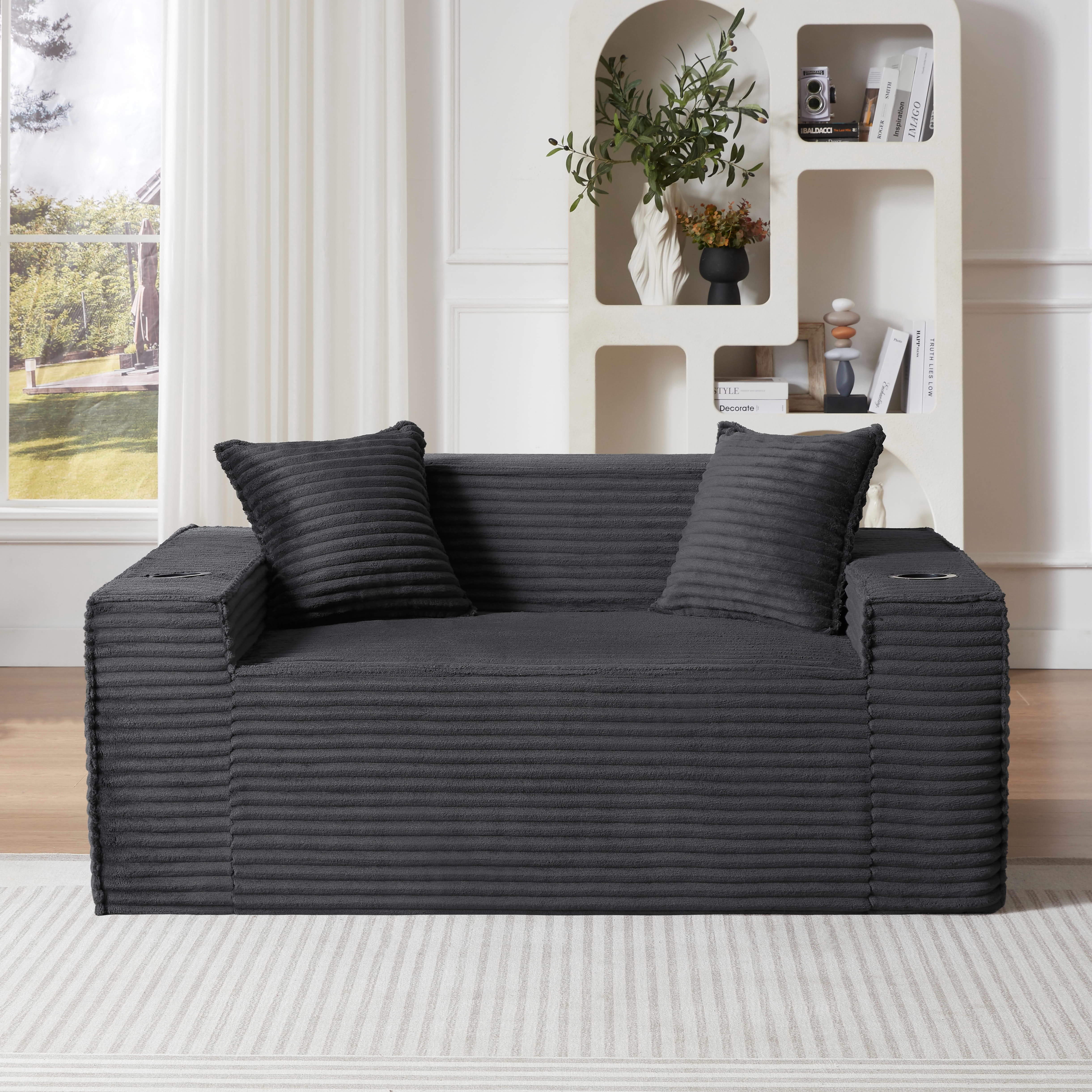 MAYEERTY Modern Minimalist Corduroy Couch with Side Pockets & Cup Holders, Space-saving for Apartments/Offices, Gray
