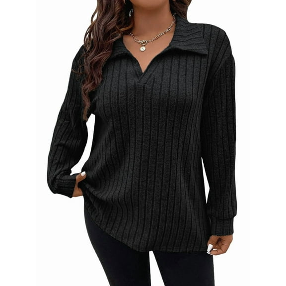 Women'S Large Size Casual Knitted Sweater Lapel V-Neck Solid Color Top Long Sleeve Shirt Black XL