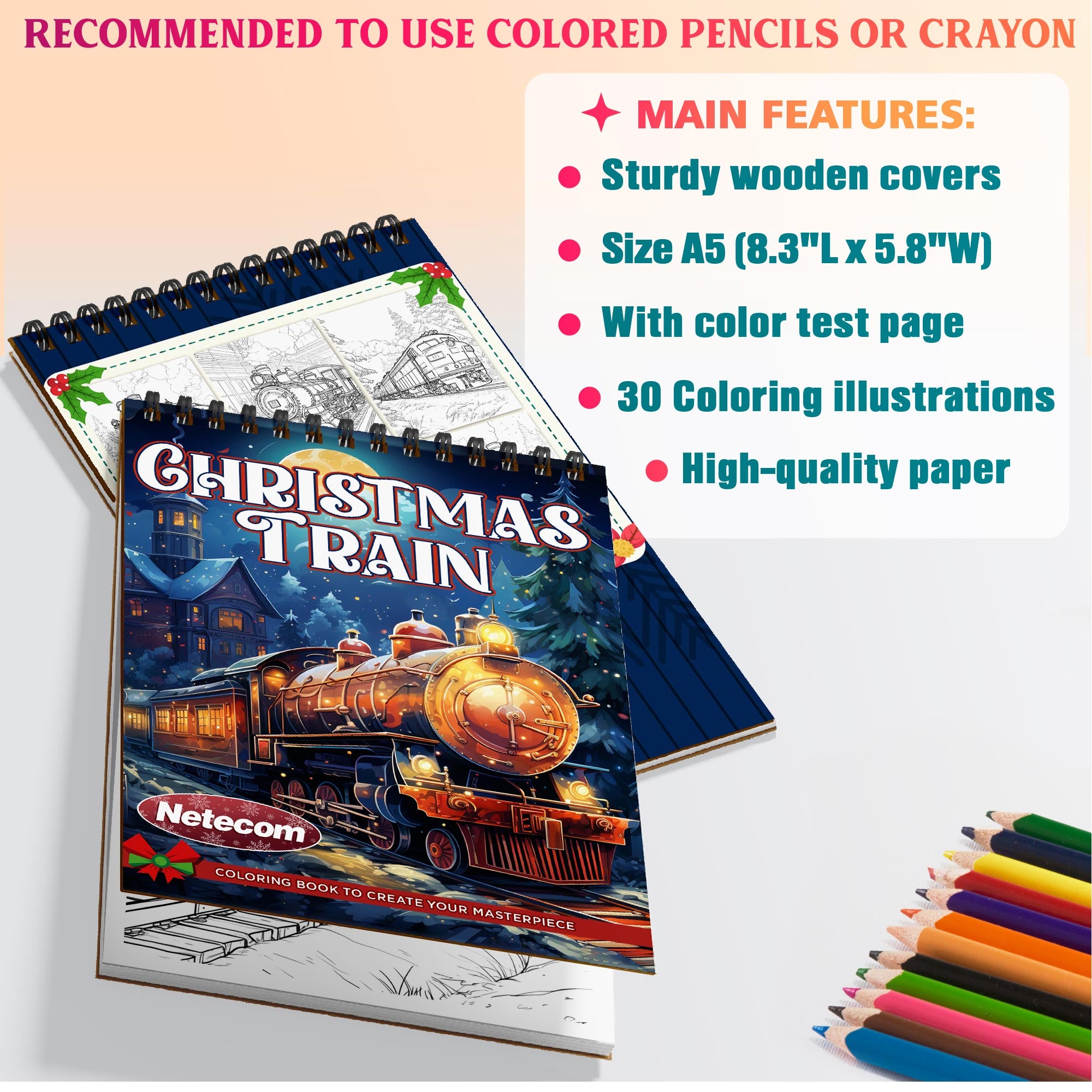 Netecom Christmas Train Coloring Book Spiral Bound For Adults, A5 Wooden Cover, 30 Delightful Coloring Pages of Christmas Trains in Winter Landscapes for Stress Relief and Relaxation