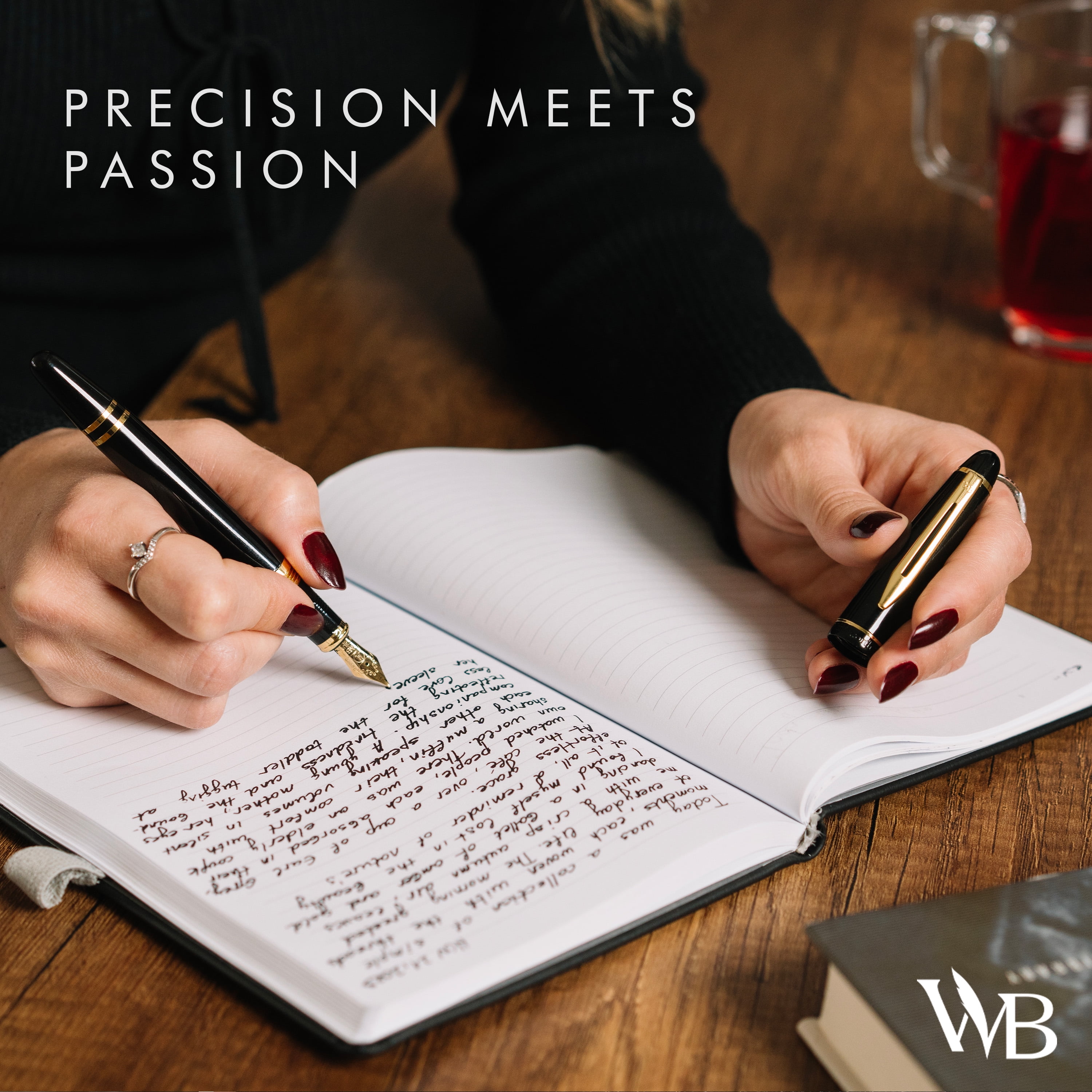 Wordsworth & Black Majesti Fountain Pen, Medium Nib Ink Pen, Black Gold - Refillable