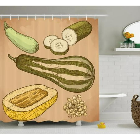 Vegetable Art Shower Curtain, Retro Recipe Squash Zucchini Slices Best Chef Cuisine of the Day Illustration, Fabric Bathroom Set with Hooks, 69W X 70L Inches, Multicolor, by
