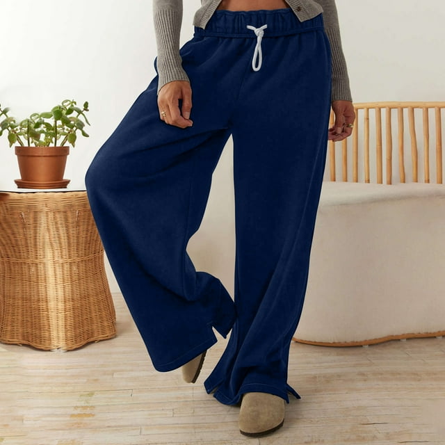 AherBiu Wide Leg Pants for Women Fleece Lined Drawstring Elastic Waisted Solid Color Pants Fall Winter Wide Leg Yoga Pants