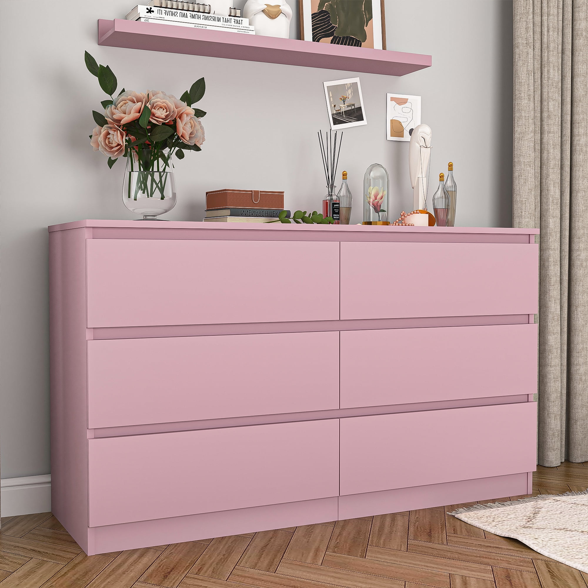 Kadyn Pink Chest of Drawer, 6 Double Drawer Dresser for Bedroom, Modern Storage Cabinet for Living Room, Dresser