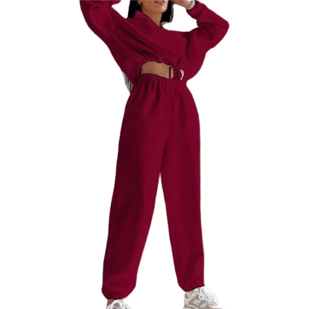 Conjunto Deportivo de Dos Piezas para Mujer: Sudadera con Media Cremallera y Pantalón Deportivo Holgado con Bolsillos Rojo Vino L