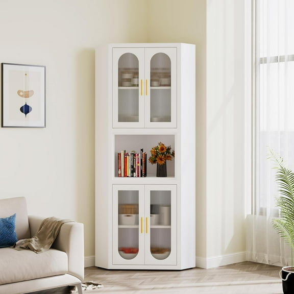Corner Cabinet, Corner Pantry Storage Cabinets with 4 Doors and 5 Shelves, Tall Metal Cabinet for Kitchen, Bathroom, Dining Room, Living Room, Laundry (White)
