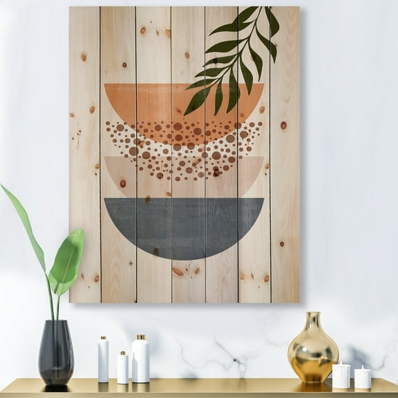 Designart 'Abstract Geometrical Moon and Sun With Leaf III' Modern Print on Natural Pine Wood