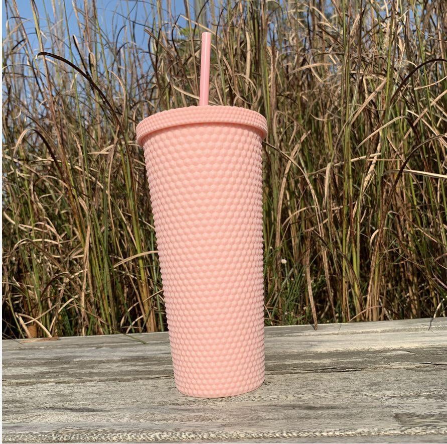 22oz Diamond Studded Water Bottle Tumbler with Straw, Rubber Coated