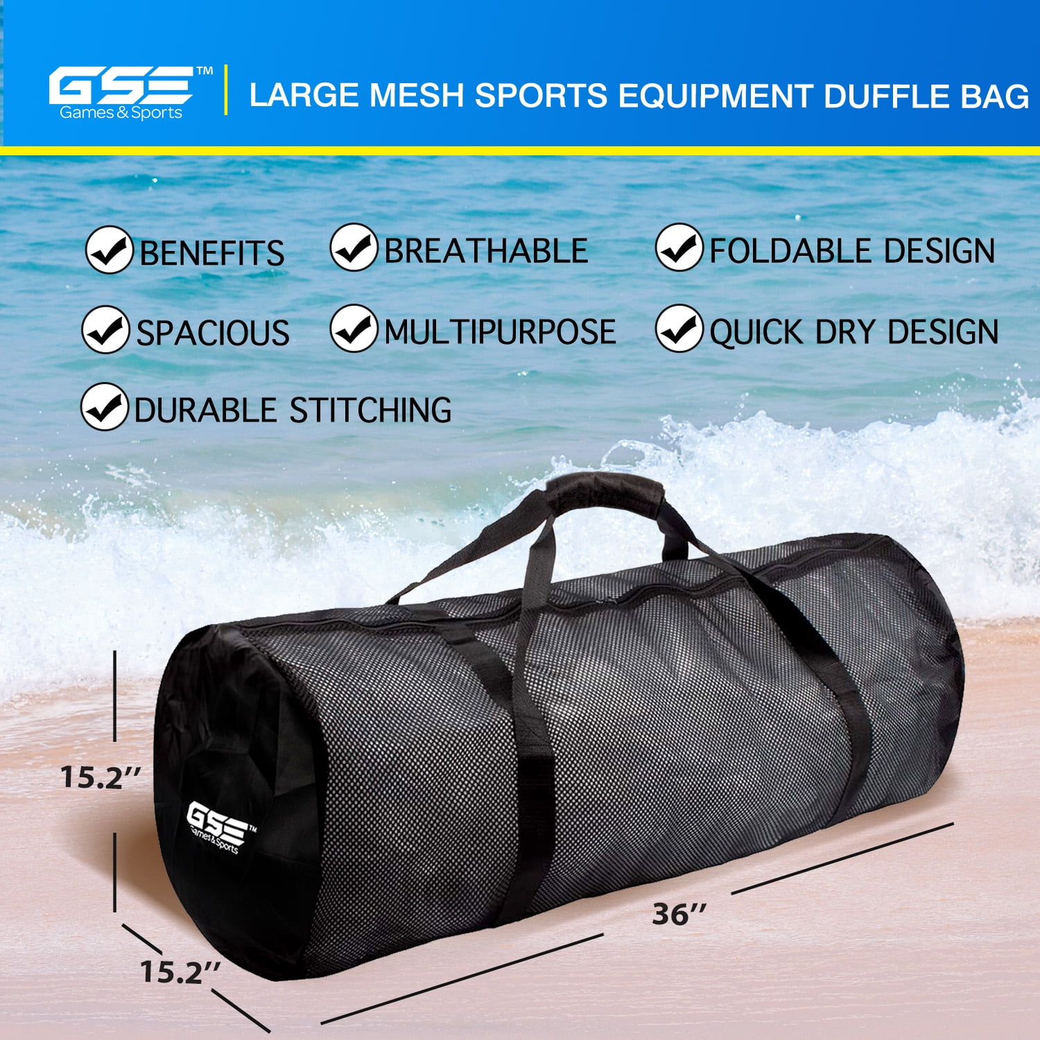 GSE Games & Sports Expert 6 Pack Large Mesh Duffel Bag with Zipper. Sport Equipment Scuba Bag for Sport Balls, Team Practice, Swimming Gear, Diving, Rafting, Water Sports - Black