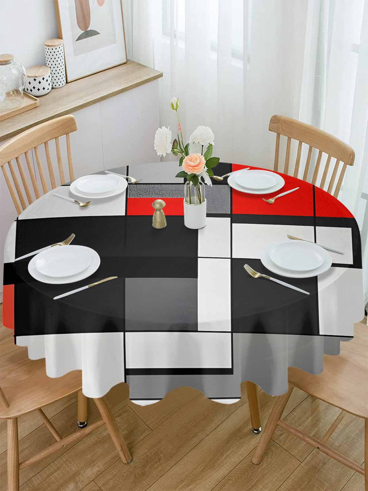 Round Tablecloth Red Black Gray Squares Waterproof Oil Proof Polyester Table Cloth Cover Decor for Home Dining Outdoor,Patio,Parties, 54" Dia. Abstract Geometric Art