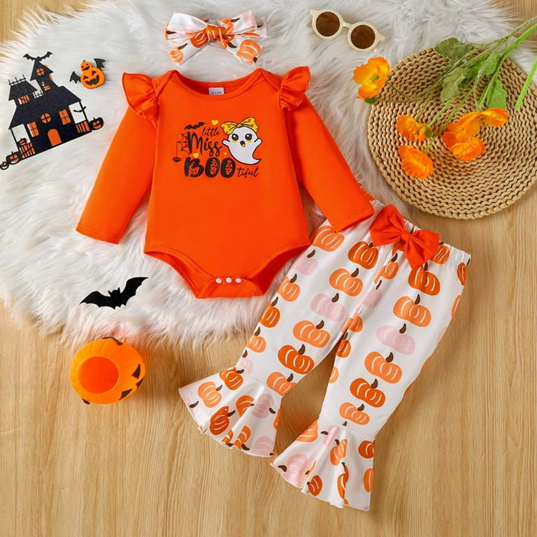 First Halloween Baby Girl Outfit Long Sleeve Pumpkin Print Romper