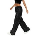 thumbnail image 4 of Sequin Pants Women Wide Leg Elastic High Waist Glitter Sparkly Dance Pants Casual Loose Palazzo Trousers Black L, 4 of 7