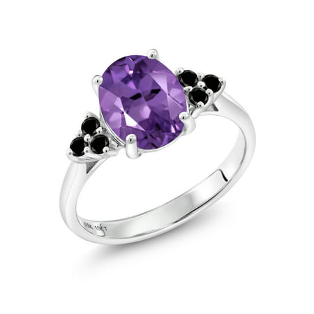 10K White Gold 1.75 Ct Oval Purple Amethyst Black Diamond Engagement