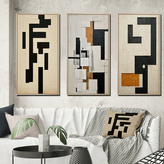 Designart "Abstract Monochrome Minimalism New Order I" Modern Geometric Framed Wall Art Set Of 3 - Black Abstract Frame Canvas Set For Living Room Decor