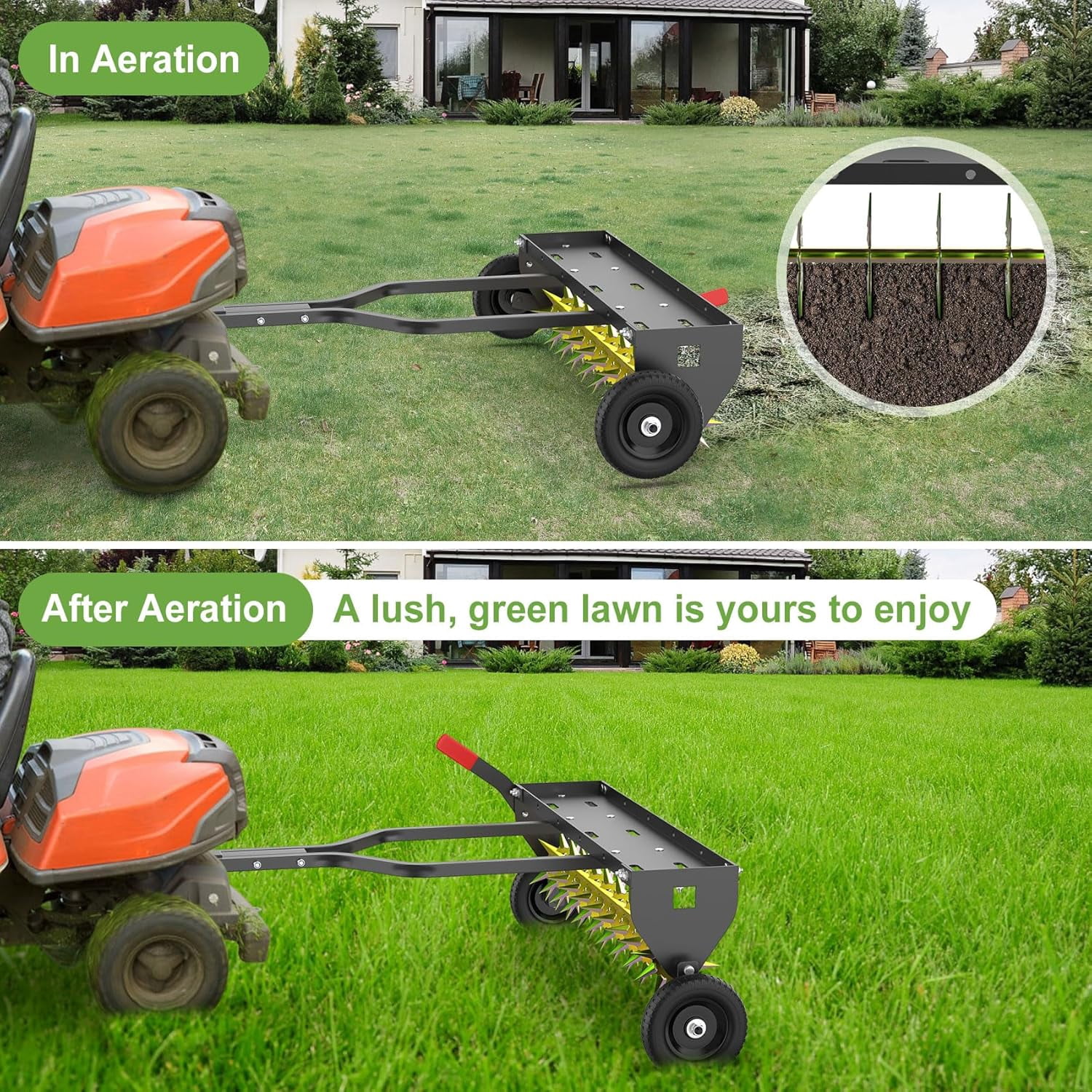 DKMOCO 40" Tow Behind Spike Aerator, Heavy Duty Rolling Lawn Aerator with 3D Steel Tines & Weight Tray and Folding Shovel for Lawn Garden Farm