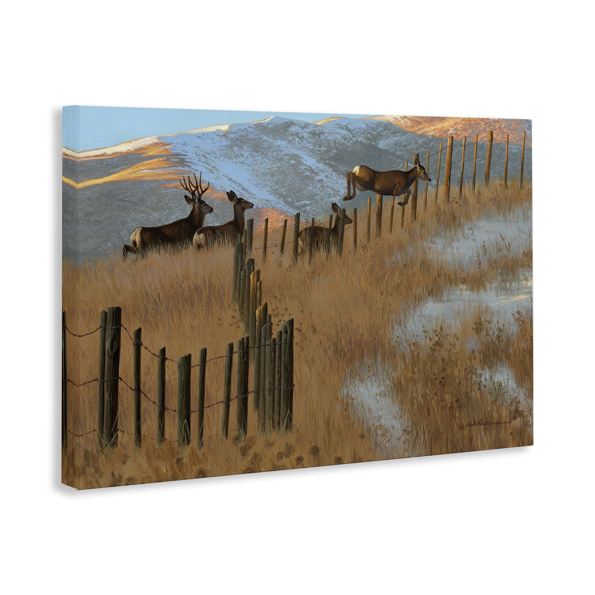 Stupell Industries Deer Jumping Country Fence Landscape & Nature Painting Wrapped Canvas Art Print Wall Art, 36 x 24