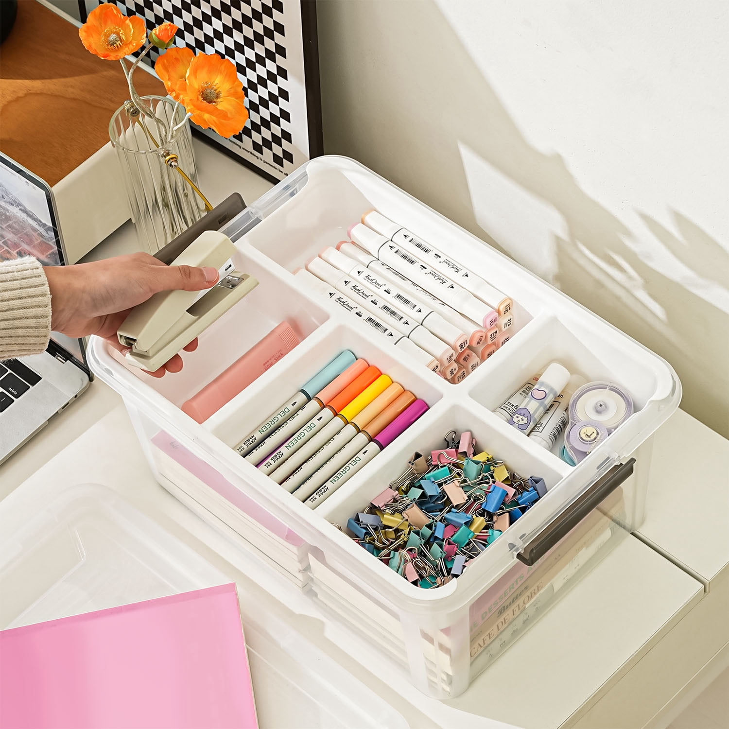 17 QT Plastic Storage Box with Removable Tray Craft Organizers and Storage Clear Container for Organizing Bead, Tool, Sewing