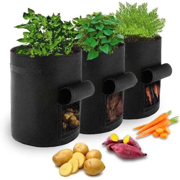 Paquete de 3 bolsas de cultivo de patatas negras de 10 galones con ventana con solapa - Bolsas de jardín portátiles para cultivar verduras y frutas - Nuestras bolsas de cultivo