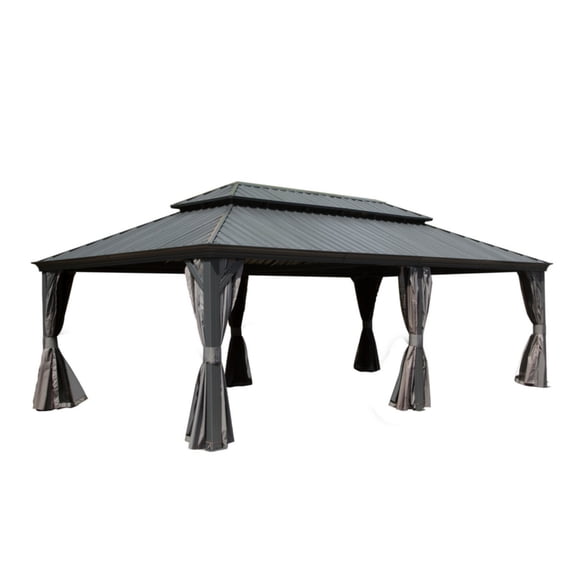 CoSoTower 14X24Ft Hardtop Gazebo, Outdoor Gazebo with Galvanized Steel Double Roof, Aluminum Frame, Built-In Gutter System, Curtain and Netting, Metal Gazebo Pavilion for Patio Deck Garden, Grey