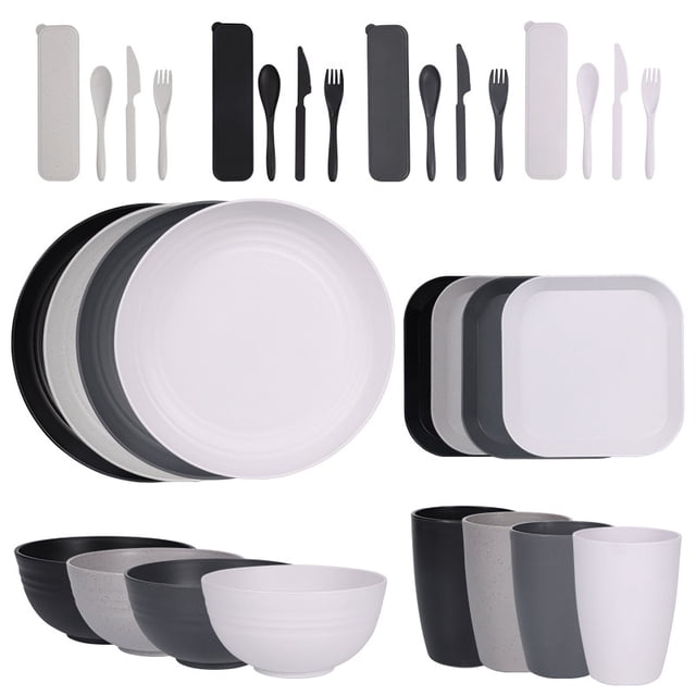 Nvzi 32pcs Wheat Straw Dinnerware Sets for 4 - Lightweight Unbreakable - Microwave Dishwasher Safe - Perfect for Picnic, Dorm,Camping Plates Cups and Bowls Set -Multicolour