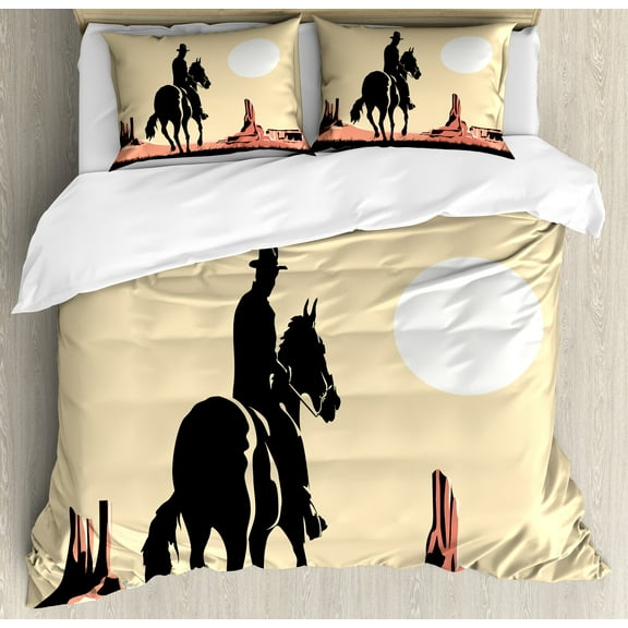 Ambesonne Western Duvet Cover Set, Cowboy Horse Sunset, Calking, Yellow Orange Black