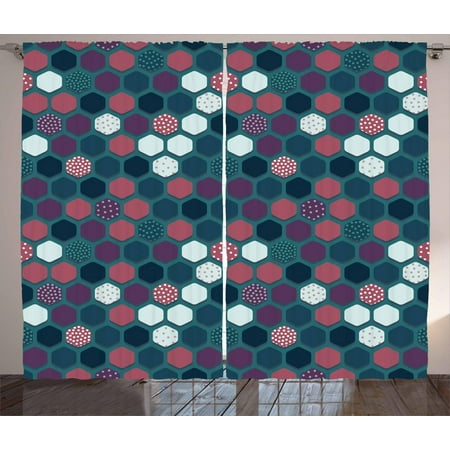 Dark Teal Curtain Panels Geometric Curtains 2 Panels Set, Vibrant Hexagon Shapes with Ornamental Polka Dots Vintage Pattern, Window Drapes for Living Room Bedroom, 108W X 63L Inches, Dark Teal Plum Dried Rose, by Ambesonne ()