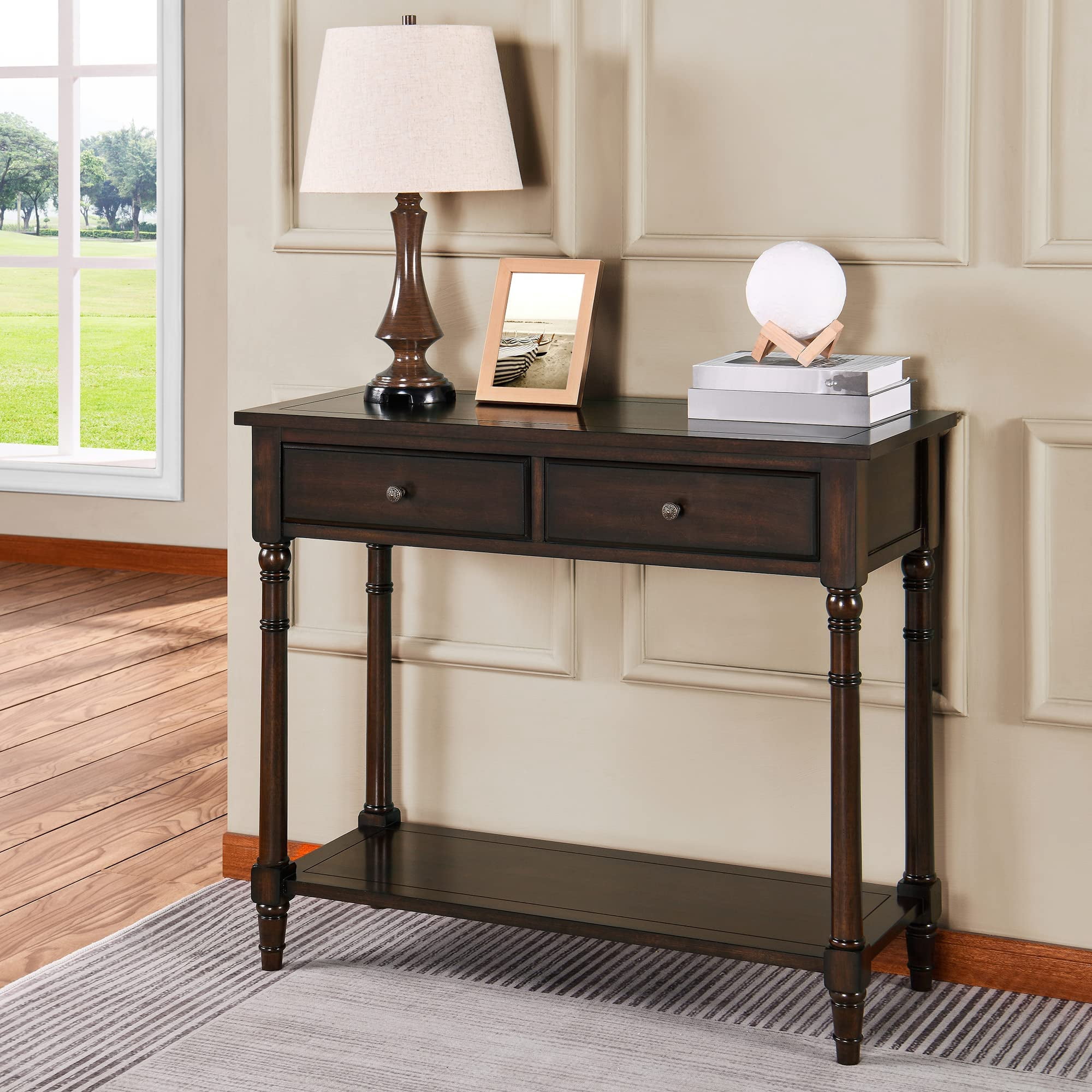 JESONVID Solid Wood Console Table with 2 Drawers, 2-Tier 35.4" X 30" Accent Sofa Table with Multilayer Storage Shelf Rustic Hall Entryway Tables for Living Room Home Office-Walnut