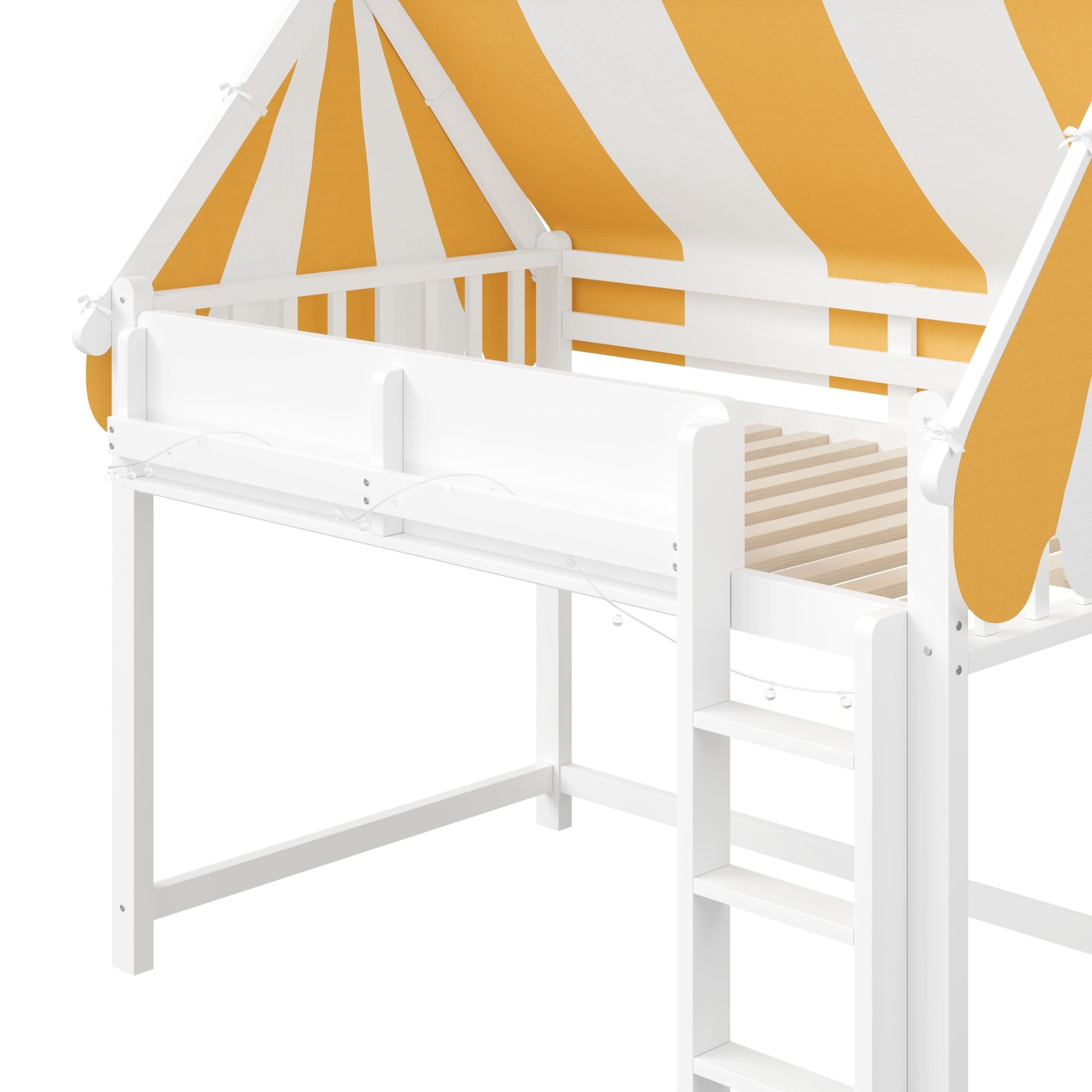 Noble House Sidney Full Size Loft Bed with Canopy and LED Lights, Wood Loft Bed with Bookshelf, Playful Design, White