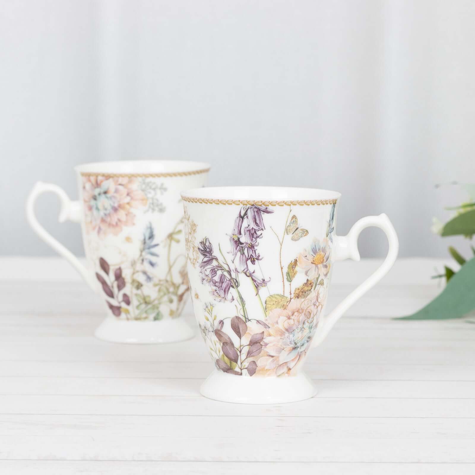 Efavormart 2 Pack Blush Floral Design Porcelain Coffee Mugs With Gift Box and Satin Ribbon Handle, Bridal Shower Gift Set