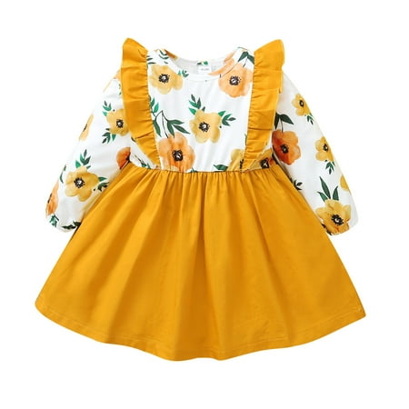 

Kucnuzki 2T Toddler Girls Winter Dress Causal Dress 3T Toddler Girls Long Sleeve Sunflower Prints Lotus Leaf Layer Dress Yellow