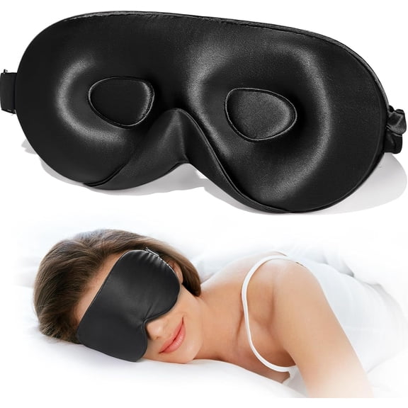 Lecheng 100% 22 Momme Mulberry Silk Sleep Mask - 3D Contoured Eye Mask for Men & Women, Soft Breathable Sleeping Mask with Adjustable Strap, Perfect Blocks Light for Sleeping (Black)