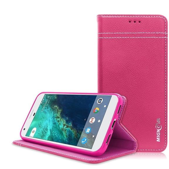 Google Pixel Case, Mignova Luxury Genuine Leather Folio Case with Stand and Card Slots, Magnetic Closure Cover for Google Pixel 5.0 inch 2016 Release (Pink)