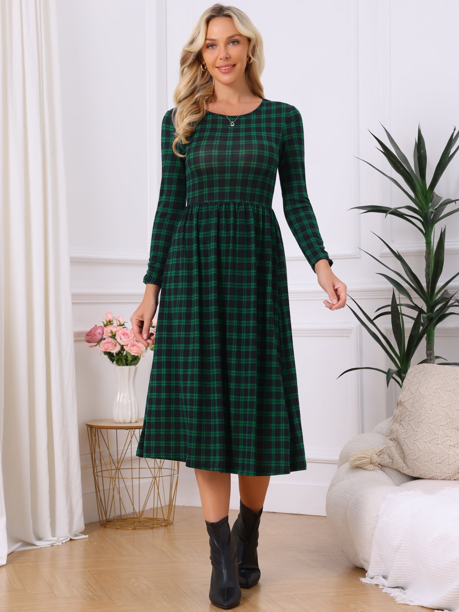 DARING DIVA Women's Plaid Long Sleeve Crew Neck A Line Midi Dress XL Green