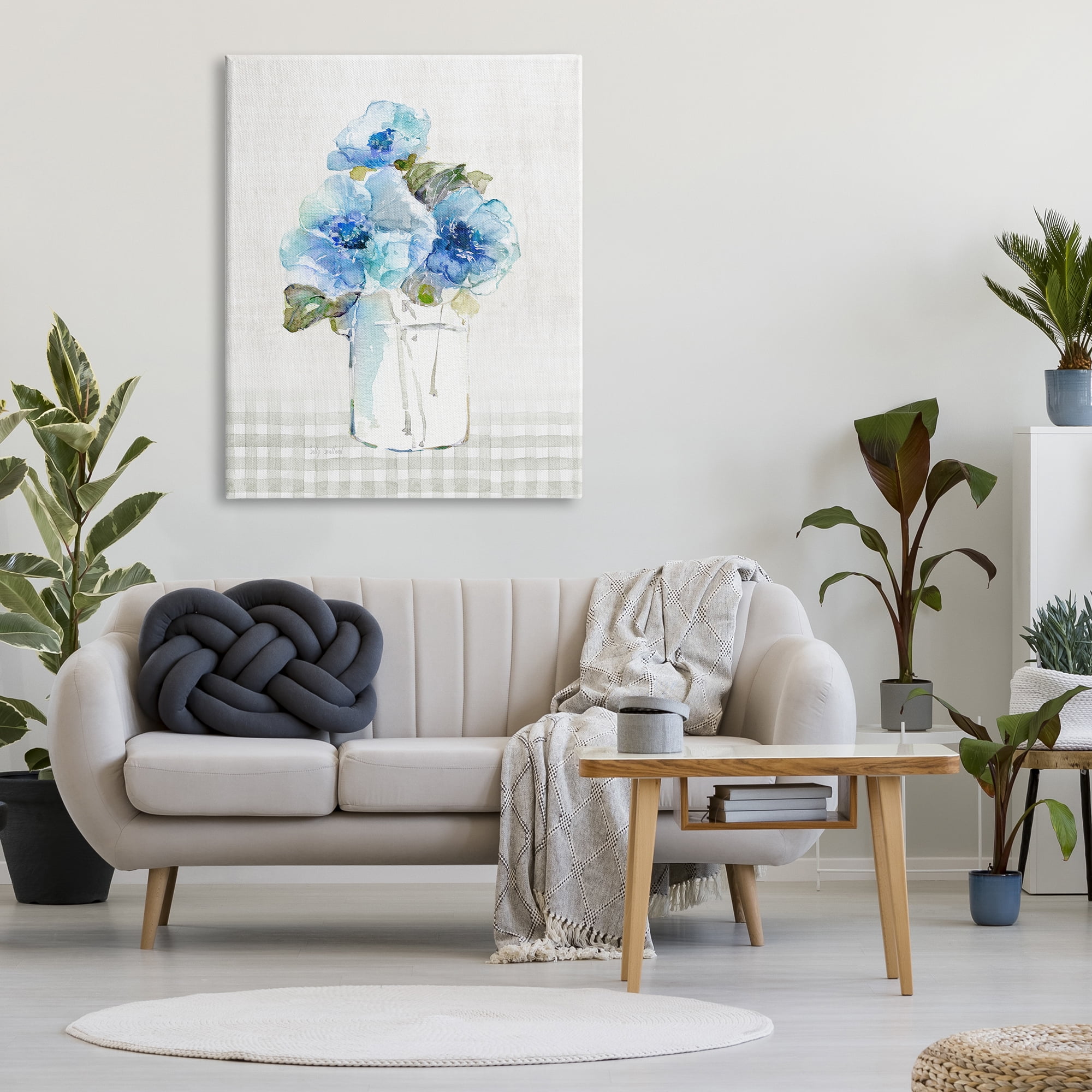Stupell Industries Blue Flowers on Tartan Botanical & Floral Painting Gallery Wrapped Canvas Art Print Wall Art, 36 x 48