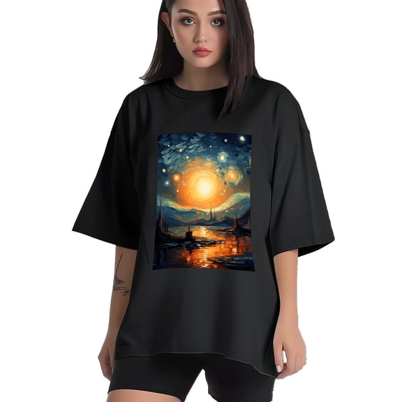 Plus Size Shirt for Women Black Tops for Women Short Sleeves Shirt for Women Night Sky T Shirt Crewneck Shirt for Women XS