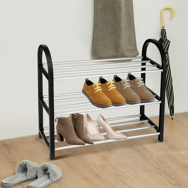 Keenso Shoe Rack, 3/4-Tier Optional Shoe Storage Organizer Plastic + Aluminum Metal Standing Shoe Rack DIY Space Saving Shoes Storage Shelf Home Organizer