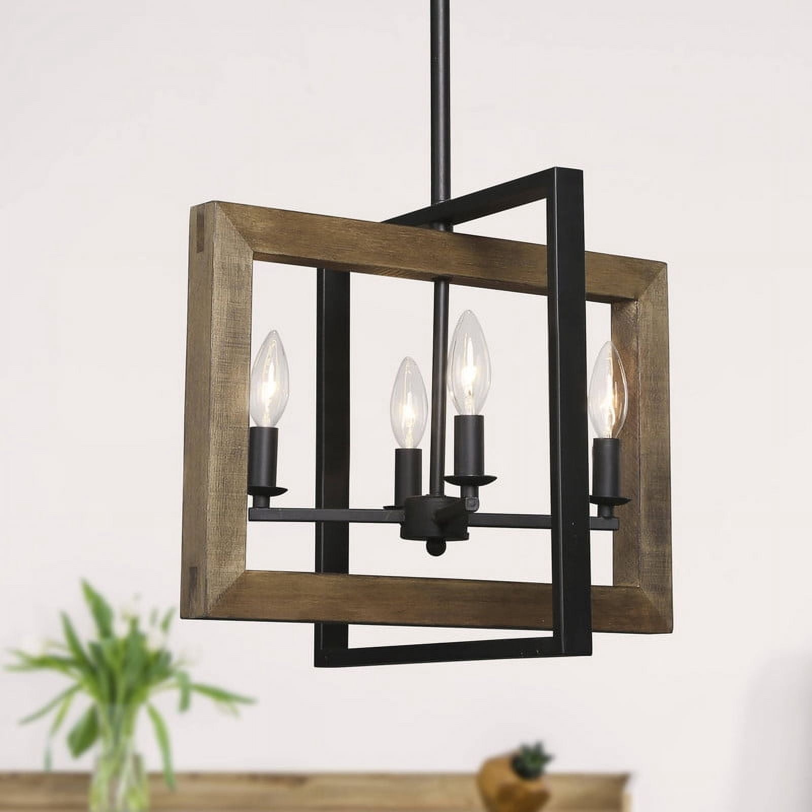 LNC 4-Light Black and Brown Wood Linear LED Farmhouse Chandelier