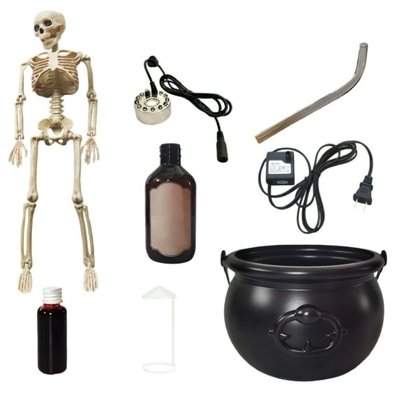 Halloween Mist Maker Fogger Set – Witch Cauldron with Floating Bottles, Skeleton Guard & Color-Changing Lights, Indoor Outdoor Hocus Pocus Halloween Decor