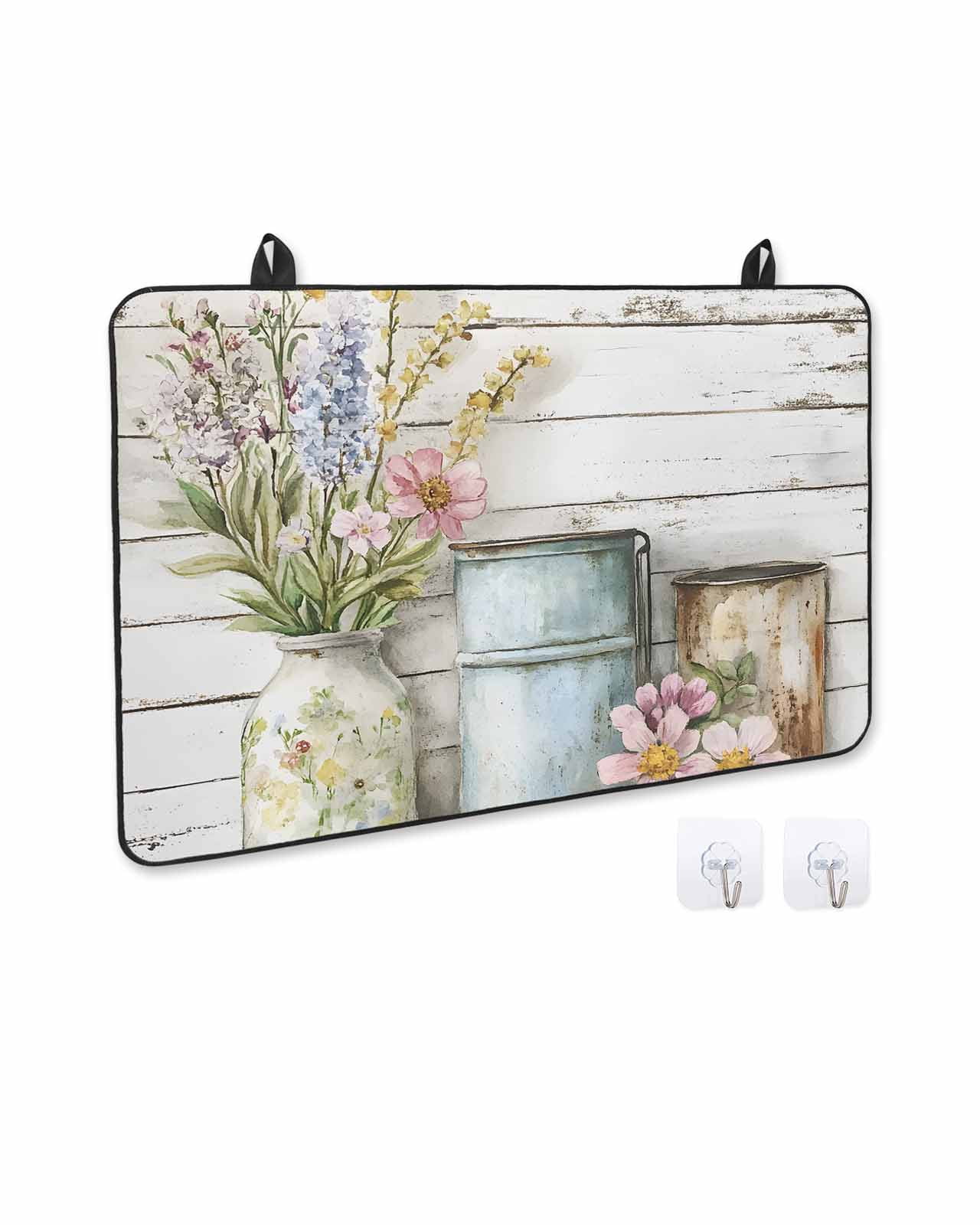 nqOlkjepod Large Induction Cooktop Protector Mat 24"x21", Farm Flowers Stove Top Covers for Electric Stove, Daisies Lavender Botanical Art Peony Wooden Stove Burner Cover Mats, Glass Top Stove Cover